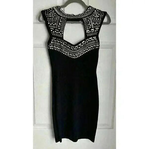 Bebe Black Body Con Dress Metallic Accents Choker Neck Size M